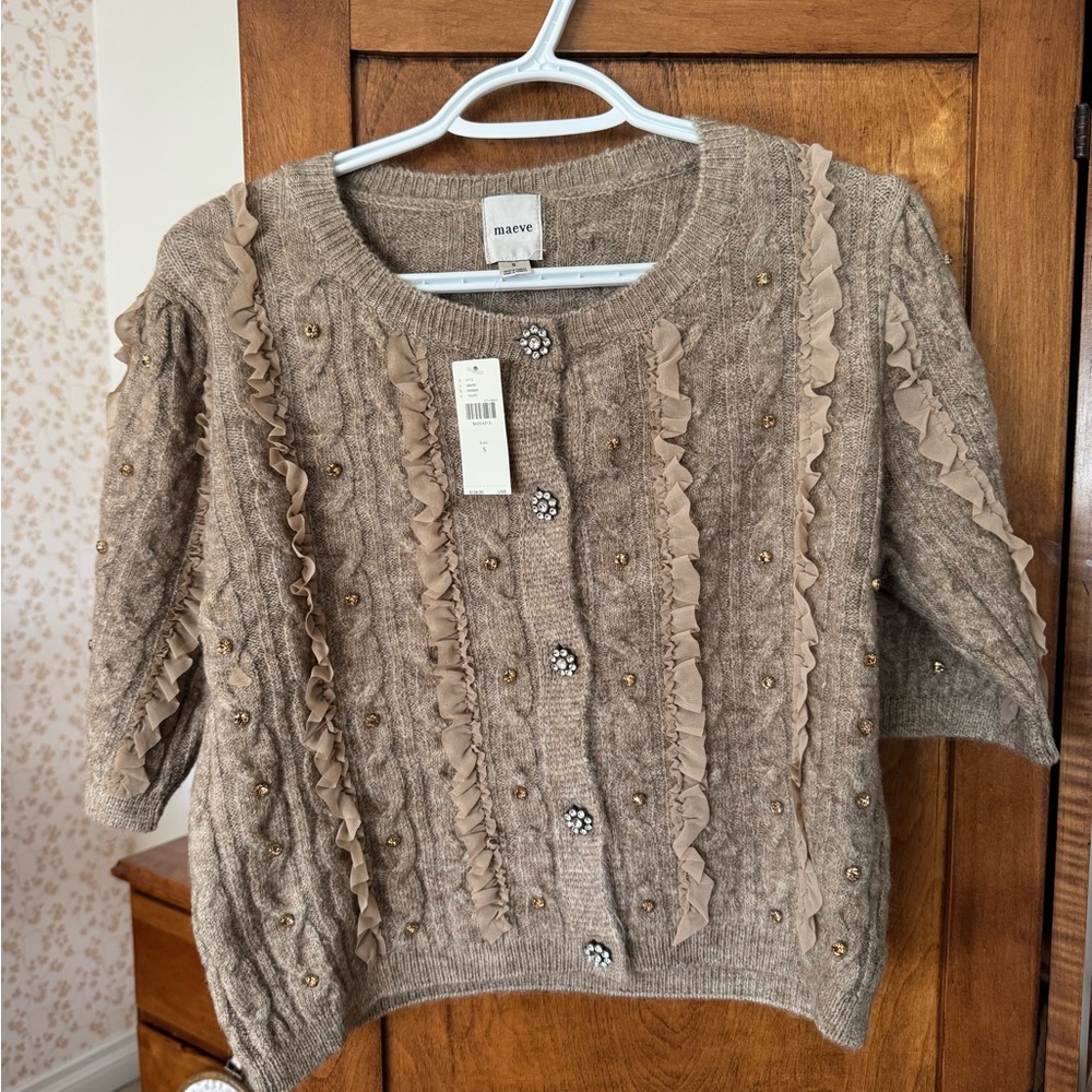 Anthropologie Maeve Taupe Cardigan with Ruffle and Bead Details